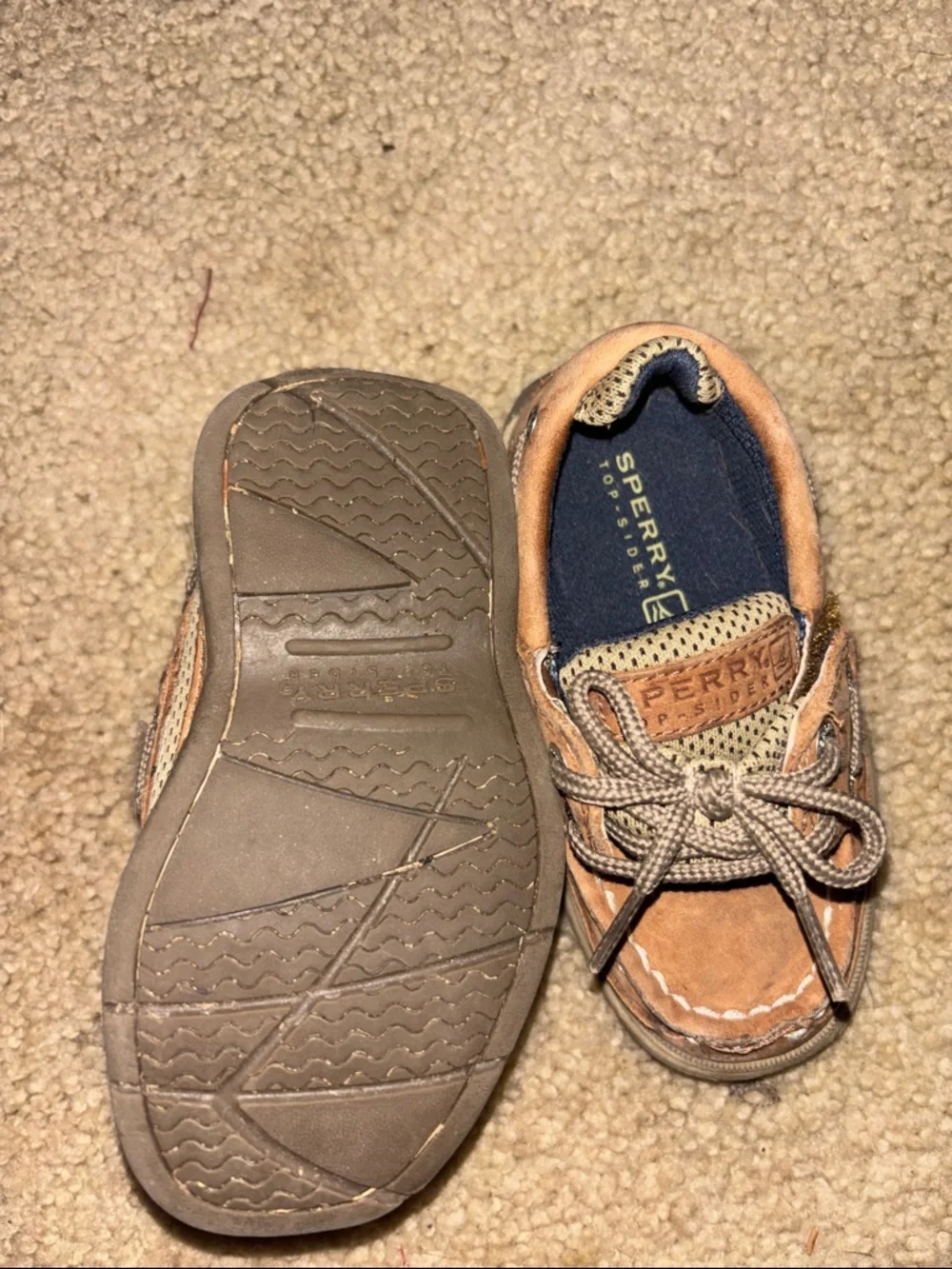 Sperry Kids Tan Suede Moccasin Boat Shoes with Navy Lining